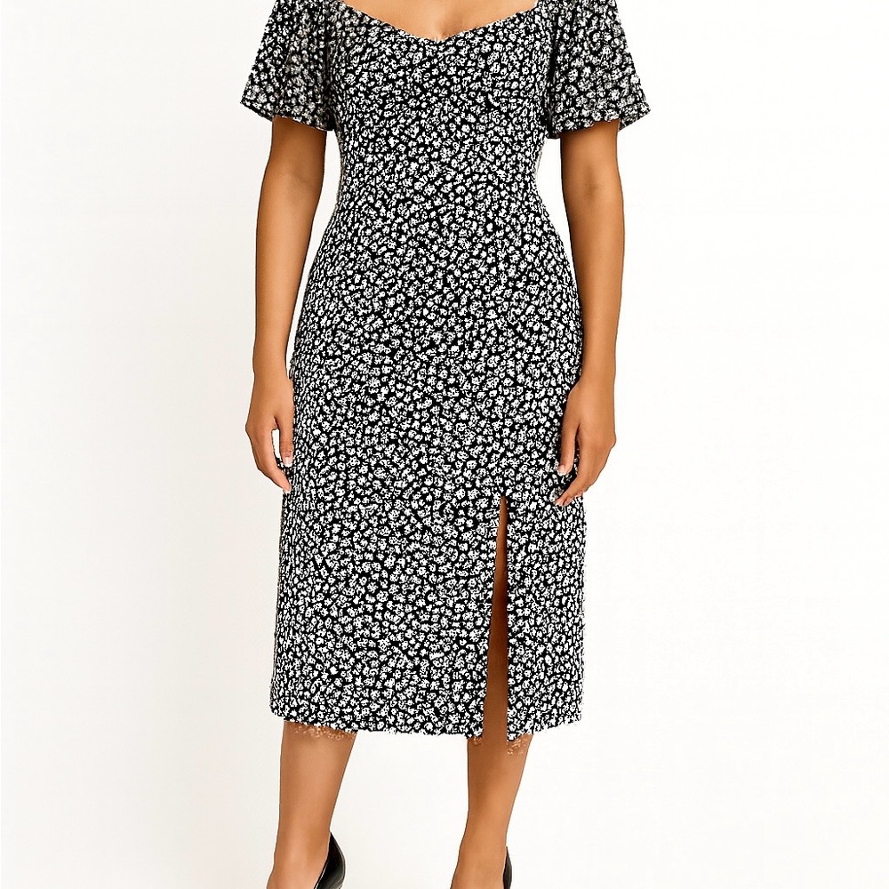 Floral Black and White Midi Dress
